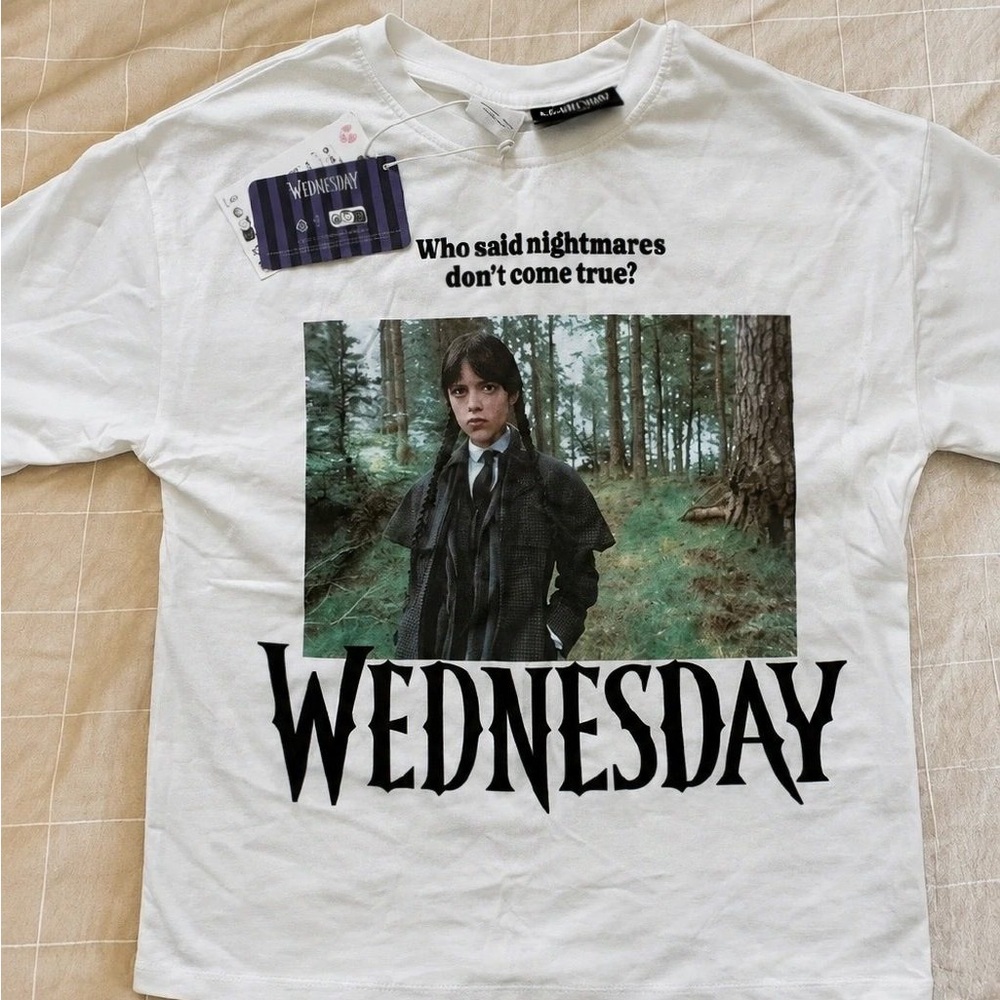 Zara White Wednesday Graphic Tee with Forest Print